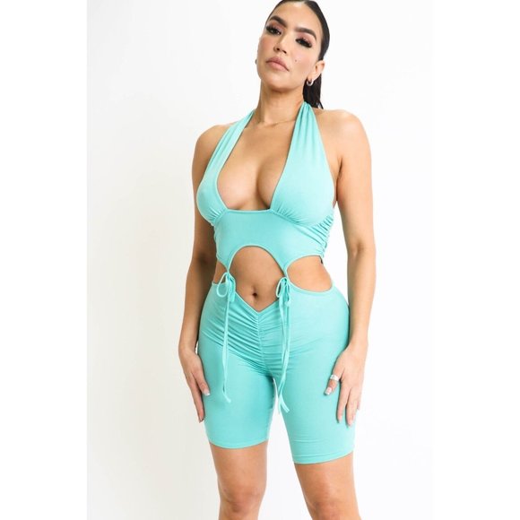 Womens Ruched Detailed Cutout Tie Waist Sleeveless Halter Open Back Romper S M L - Picture 12 of 12